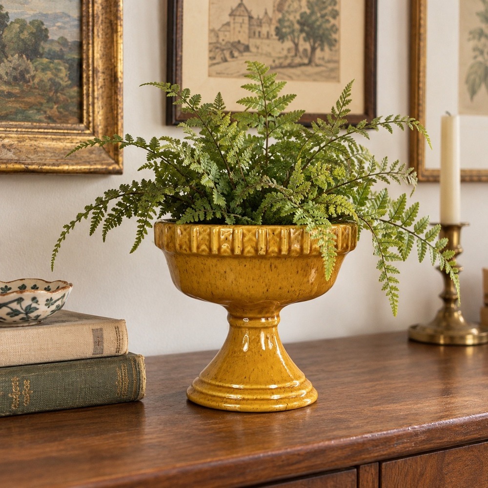 Vintage Haeger Mustard Yellow Speckled Ceramic Pedestal Planter 5.5'' Footed Pot